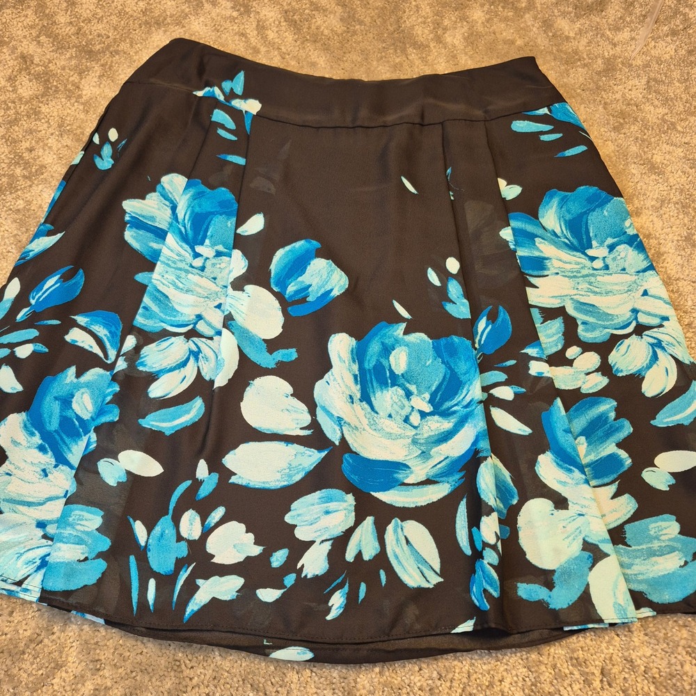 Floral A-Line Pleated Chiffon Skirt Blue Teal Black Lined Size 14 Party Colorful